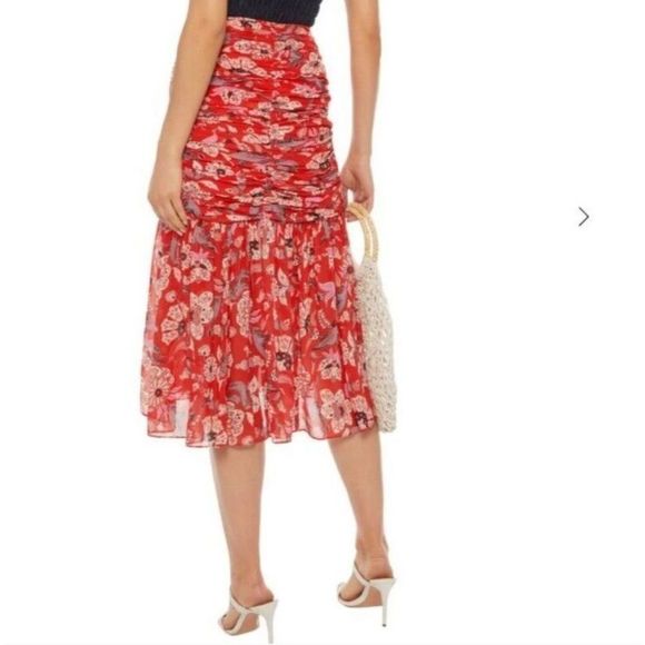 Cinq à Sept Revolve Red Multi Georgette Print Ruffle Skirt Women's Size 4 Ruched - Picture 2 of 10